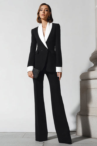 2 Piece Black Shawl Lapel Flare Leg Business Suits with Sleeves