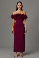 Load image into Gallery viewer, Burgundy Sheath Off the Shoulder Long Formal Dress with Feathers