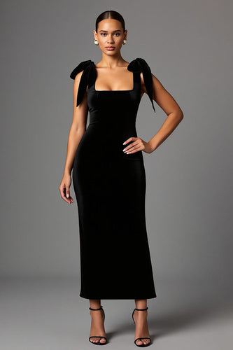 Black Satin Sheath Square Neck Long Formal Dress