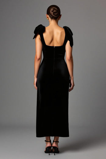 Black Satin Sheath Square Neck Long Formal Dress