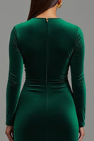 Load image into Gallery viewer, Dark Green Velvet Round Neck Long Holiday Party Dress with Slit