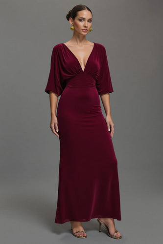 Velvet Burgundy V-Neck Sheath Long Holiday Party Dress with Sleeves
