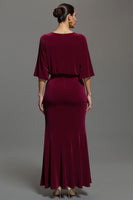 Load image into Gallery viewer, Velvet Burgundy V-Neck Sheath Long Holiday Party Dress with Sleeves