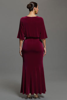 Velvet Burgundy V-Neck Sheath Long Holiday Party Dress with Sleeves