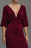 Load image into Gallery viewer, Velvet Burgundy V-Neck Sheath Long Holiday Party Dress with Sleeves