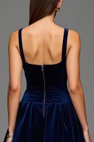 Load image into Gallery viewer, Navy Velvet A Line Square Neck Long Holiday Party Dress