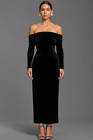 Load image into Gallery viewer, Black Sheath Velvet Off the Shoulder Long Holiday Party Dress