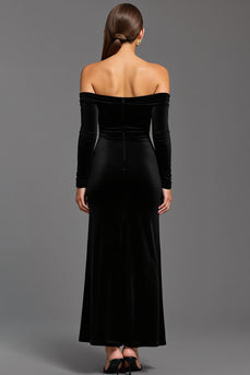 Black Sheath Velvet Off the Shoulder Long Holiday Party Dress