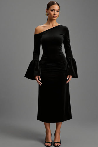 Black Velvet Sheath One Shoulder Long Holiday Party Dress