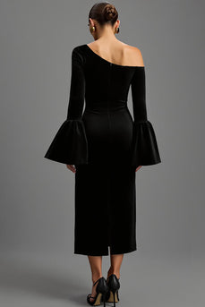 Black Velvet Sheath One Shoulder Long Holiday Party Dress
