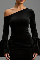 Load image into Gallery viewer, Black Velvet Sheath One Shoulder Long Holiday Party Dress