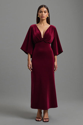 Burgundy Sheath Velvet V-Neck Long Holiday Party Dress with Sleeves