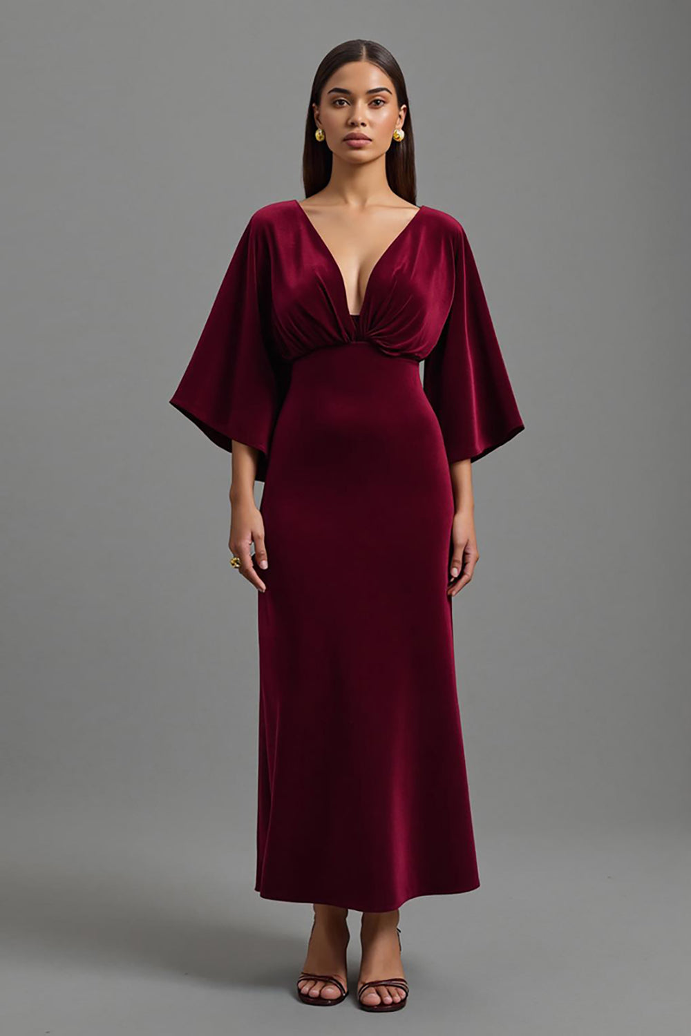 Burgundy Sheath Velvet V-Neck Long Holiday Party Dress with Sleeves