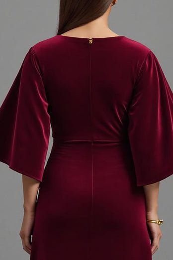 Burgundy Sheath Velvet V-Neck Long Holiday Party Dress with Sleeves