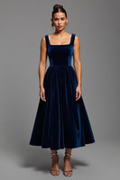 Load image into Gallery viewer, Navy A Line Velvet Square Neck Long Holiday Party Dress