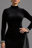 Load image into Gallery viewer, Black Velvet High Neck Long Holiday Party Dress with Sleeves