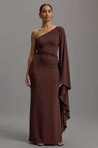 Coffee Sheath Asymmetrical One Shoulder Long Formal Dress with Sleeves