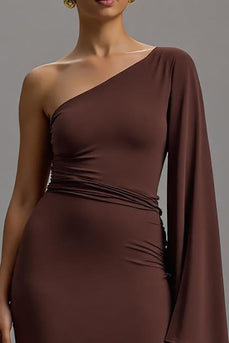 Coffee Sheath Asymmetrical One Shoulder Long Formal Dress with Sleeves