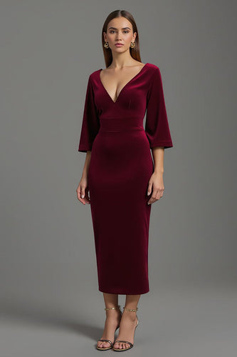 Burgundy Velvet V-Neck Long Holiday Party Dress with Sleeves