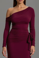 Load image into Gallery viewer, Burgundy Satin One Shoulder Long Sleeves Formal Dress