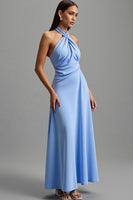 Load image into Gallery viewer, Blue Satin Halter Backless Long Formal Dress