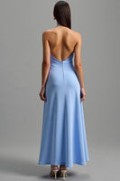 Load image into Gallery viewer, Blue Satin Halter Backless Long Formal Dress