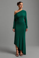Load image into Gallery viewer, Dark Green Satin One Shoulder Asymmetrical Long Formal Dress