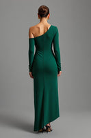 Load image into Gallery viewer, Dark Green Satin One Shoulder Asymmetrical Long Formal Dress