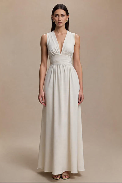 Simple Ivory A-Line V-Neck Maxi Formal Dress