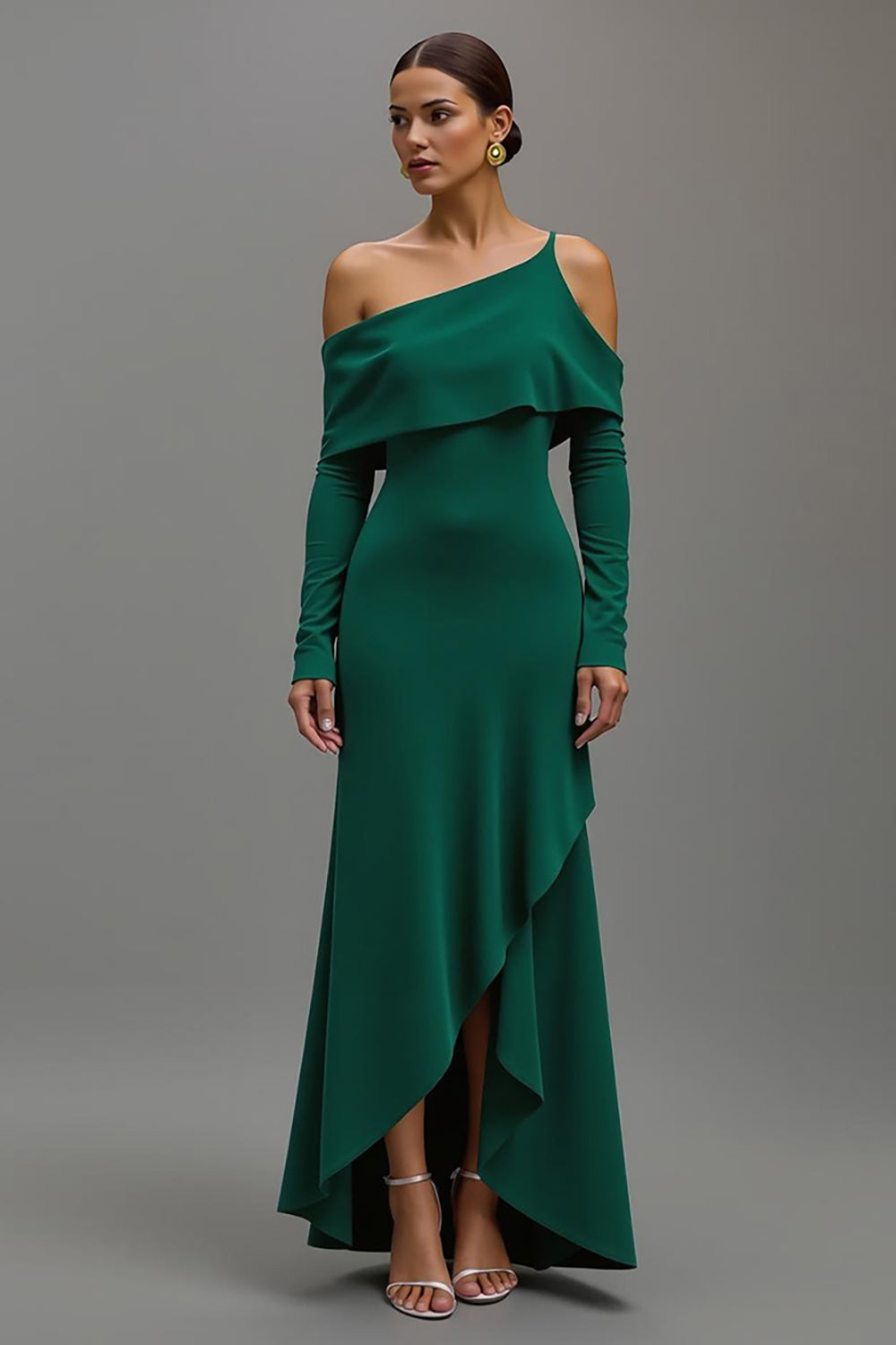 Dark Green High-Low One Shoulder Formal Dress with Sleeves