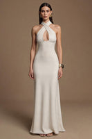 Load image into Gallery viewer, Ivory Halter Keyhole Satin Long Formal Dress