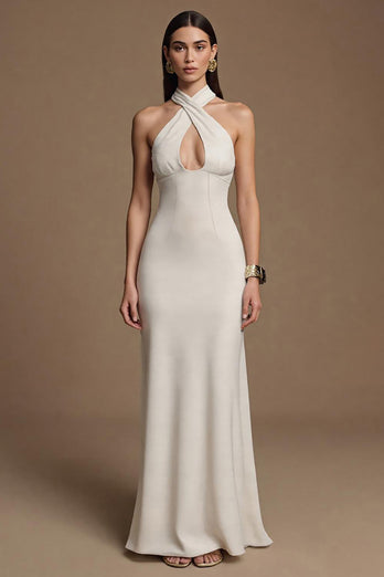 Ivory Halter Keyhole Satin Long Formal Dress
