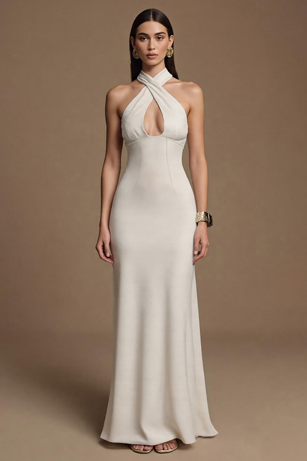 Ivory Halter Keyhole Satin Long Formal Dress