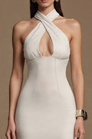Load image into Gallery viewer, Ivory Halter Keyhole Satin Long Formal Dress