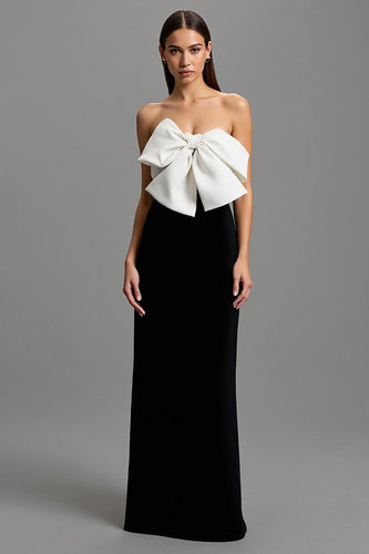Black and White Satin Strapless Long Formal Dress with Bows