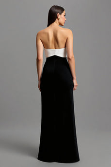 Black and White Satin Strapless Long Formal Dress with Bows