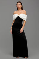 Load image into Gallery viewer, Black and White Off the Shoulder Satin Long Formal Dress