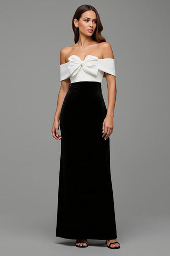 Black and White Satin Sheath Long Formal Dress with Bows