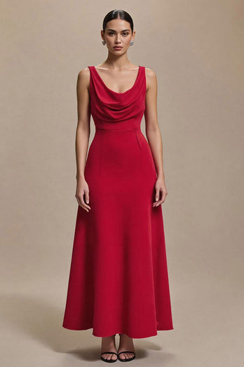 Simple Red Satin Cowl Neck A Line Long Formal Dress