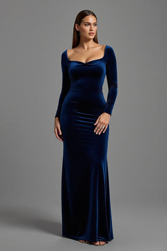 Simple Navy Long Sleeves Velvet Holiday Party Dress