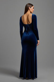 Simple Navy Long Sleeves Velvet Holiday Party Dress