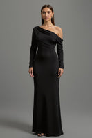 Load image into Gallery viewer, Black One Shoulder Satin Long Formal Dress with Sleeves