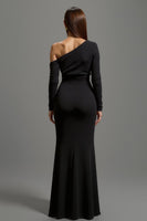 Load image into Gallery viewer, Black One Shoulder Satin Long Formal Dress with Sleeves