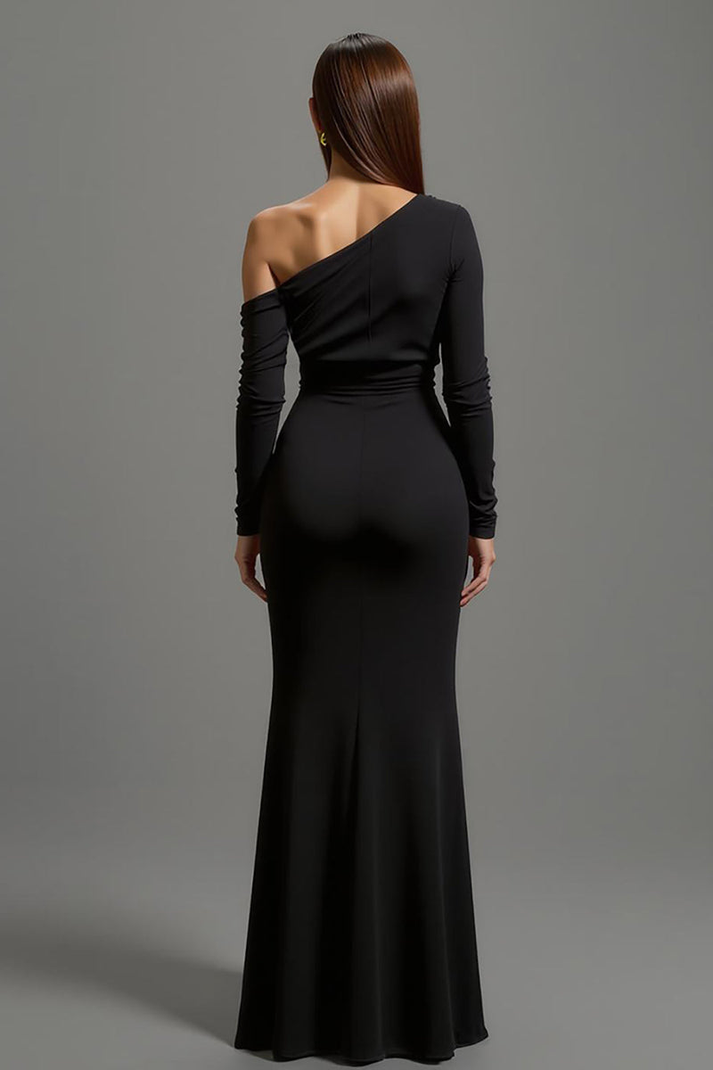 Load image into Gallery viewer, Black One Shoulder Satin Long Formal Dress with Sleeves