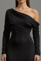Load image into Gallery viewer, Black One Shoulder Satin Long Formal Dress with Sleeves