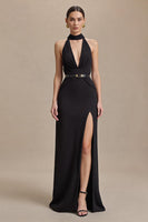 Load image into Gallery viewer, Black Stain Halter Sheath Long Formal Dress with Slit