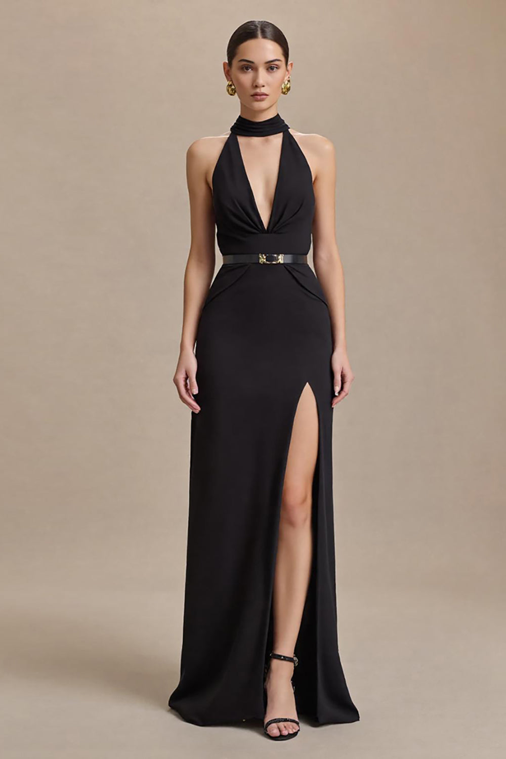 Black Stain Halter Sheath Long Formal Dress with Slit