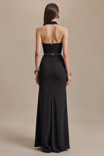Black Stain Halter Sheath Long Formal Dress with Slit