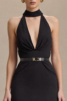 Load image into Gallery viewer, Black Stain Halter Sheath Long Formal Dress with Slit