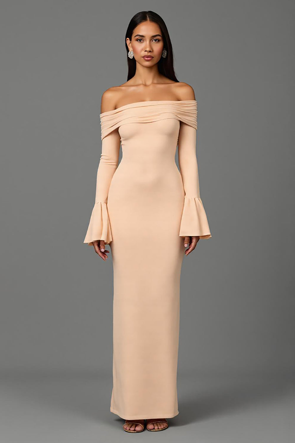 Apricot Sheath Off the Shoulder Long Sleeves Formal Dress